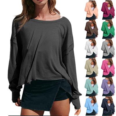 Damen Mode Lässig Rundhals Langarm Rückenfrei Farbe Oberteil