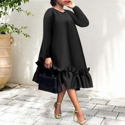 Yousheng Robe Oversize A-line Ourlet à Volants Longueur Genou Couleur Pure Robe Midi Manches Longues Col O Taille Large pour Rendez-vous Soirées de Banquet Formelles
