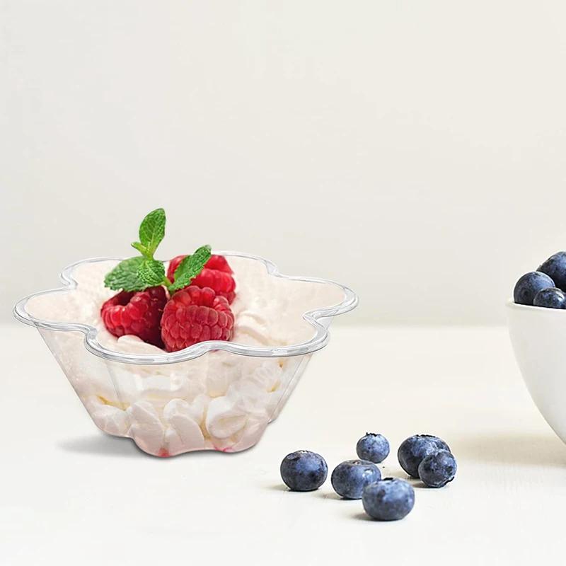 50Pcs Clear Dessert Cups, Disposable Ice Cream Bowls, Flower Shape Serving Cups for Party, Chocolate, Appetizers, Snack