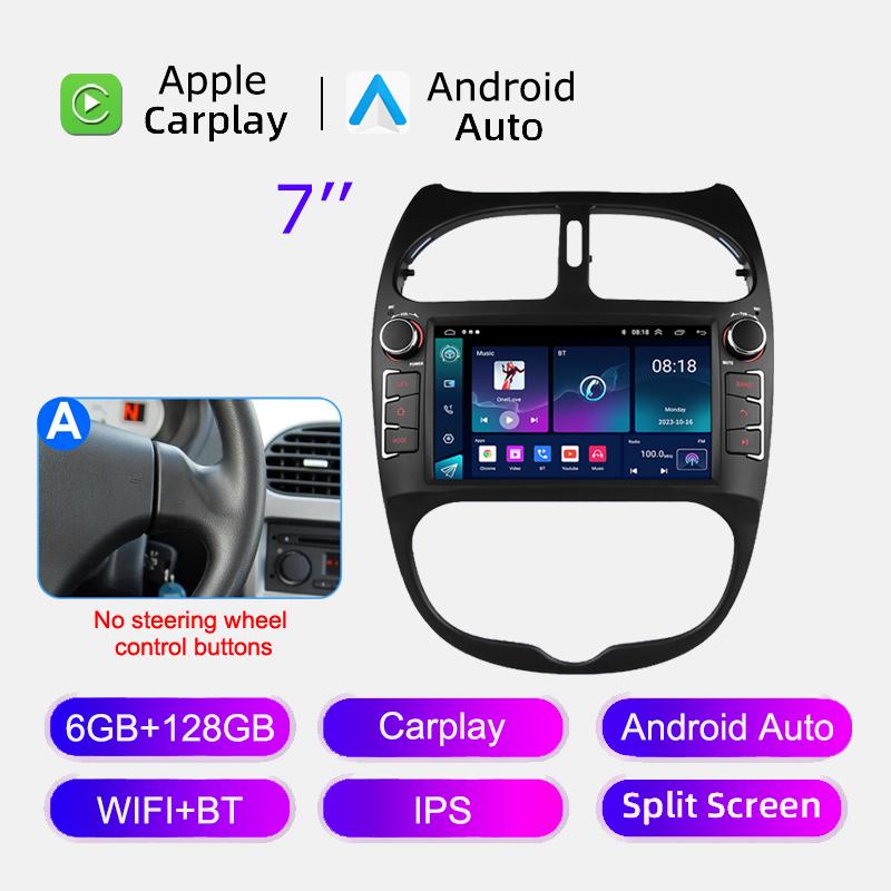 Android 12 Car Radio for PEUGEOT 206 206CC 206SW 2000-2008 Multimedia Player GPS Navigation 7 Inch With Buttons Carplay HeadUnit