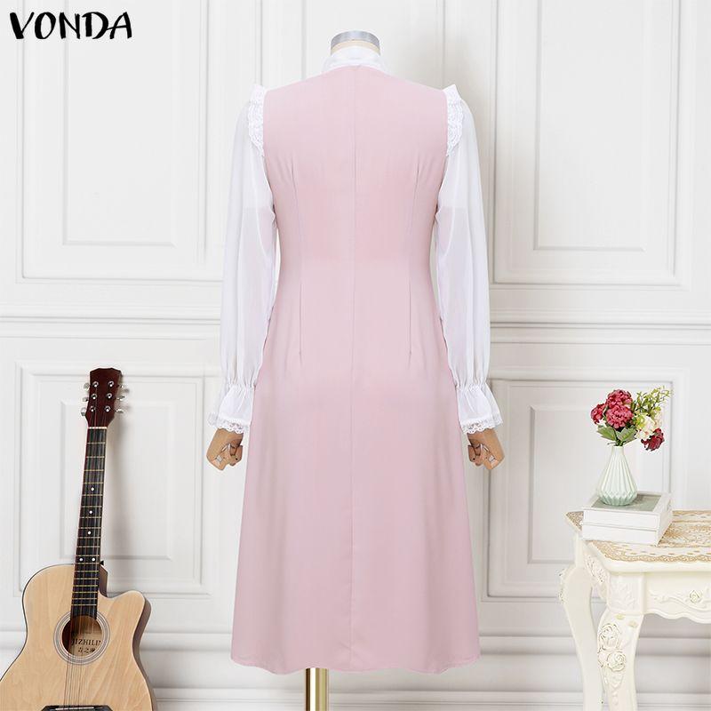 VONDA Elegant Women Long Sleeve Ruffled Bow Knot Patchwork Office Midi Dress