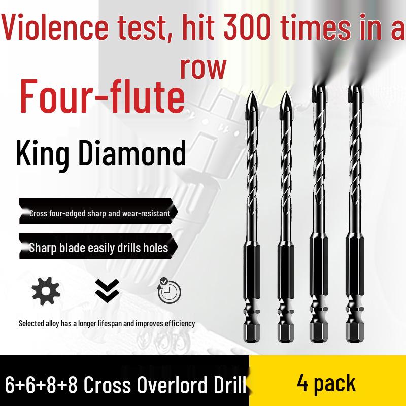 Impact Hex Shank Four-Blade Cross King Drill Bit for Concrete, Tile, and Glass