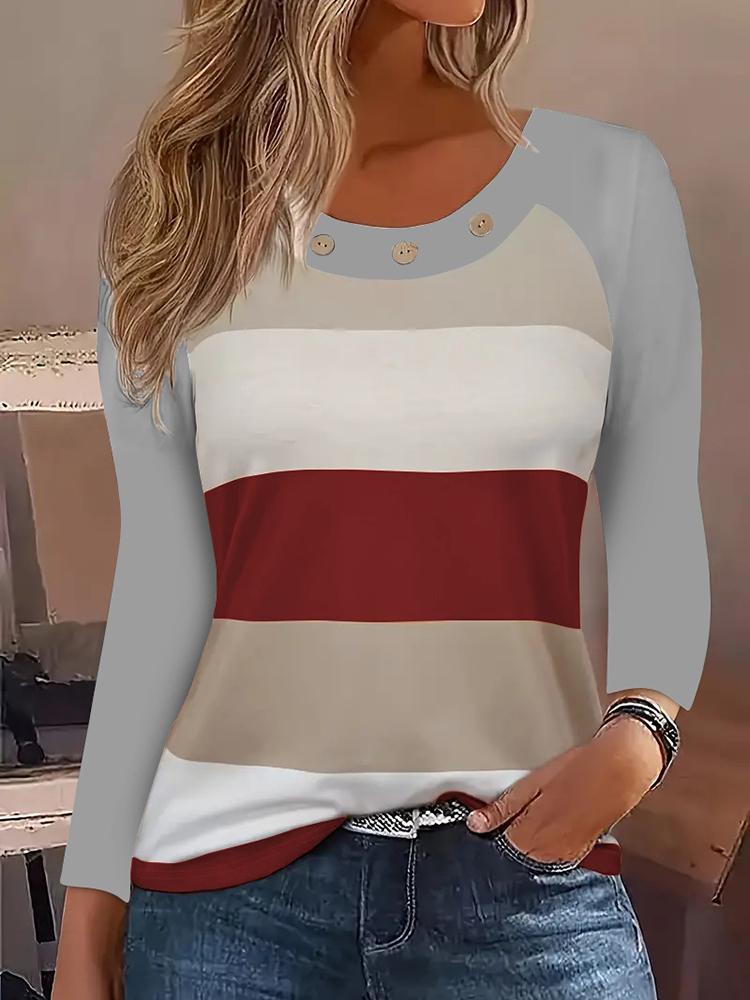 Spring Autumn Fashion Women's Color Blocking T-Shirt Round Neck Long Sleeved Button Pullover Ladies Casual T-Shirt Top