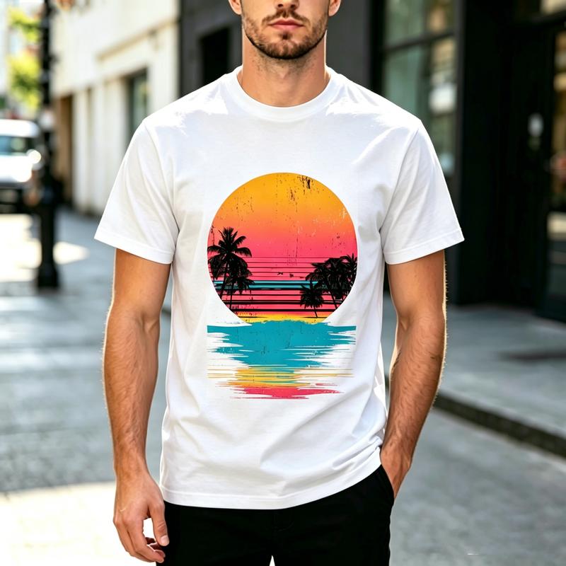 70s Retro Wave Ocean Reflection Sunset Palm Silhouette Print Tshirt Unisexs Unisexs Cotton Tee Summer Surf Outdoor Daily Top