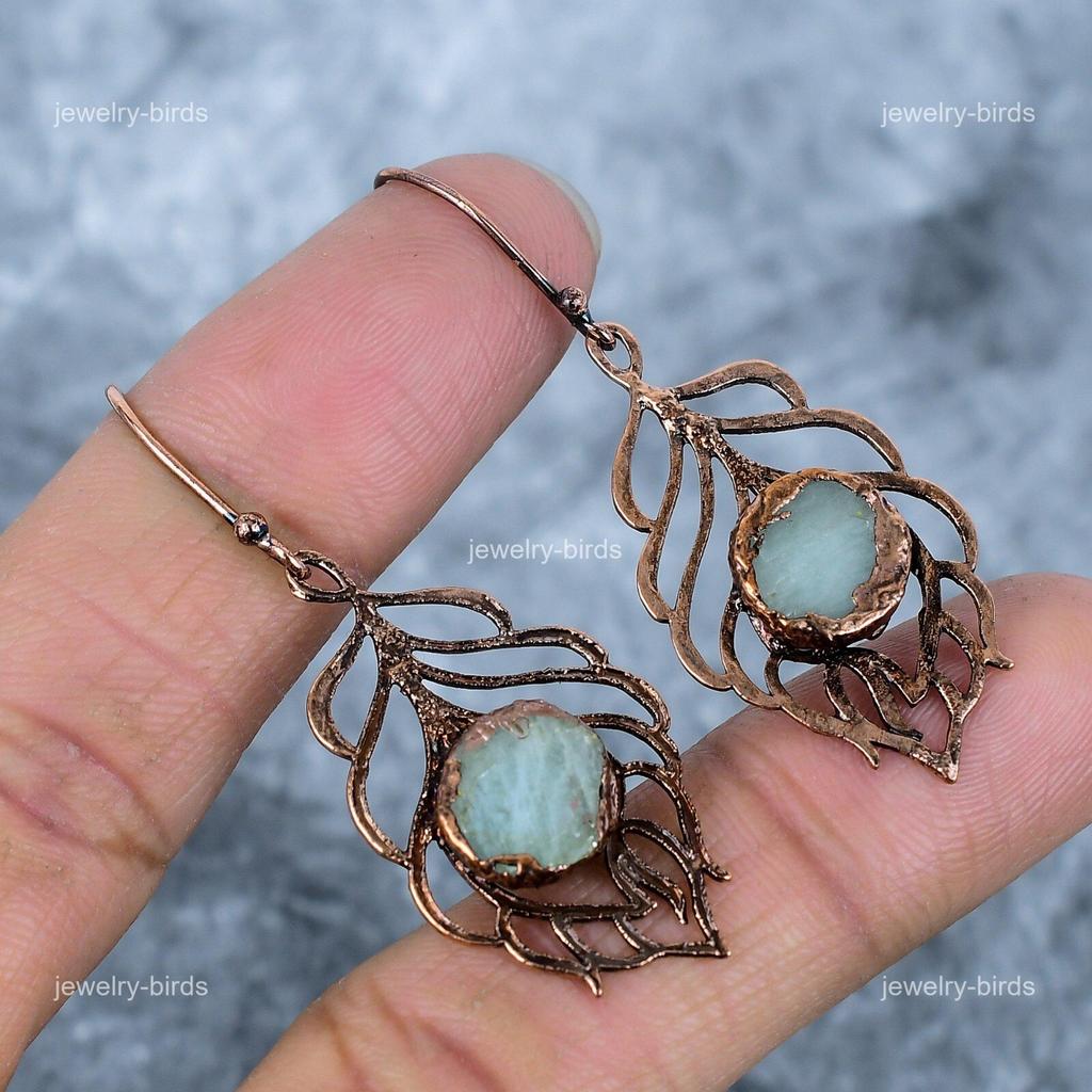 Crown Chakra Moonstone Gemstone Copper Electroformed Dangling Wedding Earrings VP-90