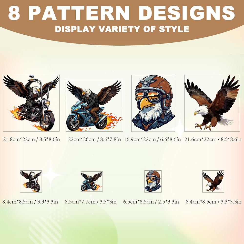 8Pcs 8 Styles Plastic Heat Transfer Film Logo Stickers Set for DIY T-Shirt Eagle 77~200x65~220mm 1pc/style