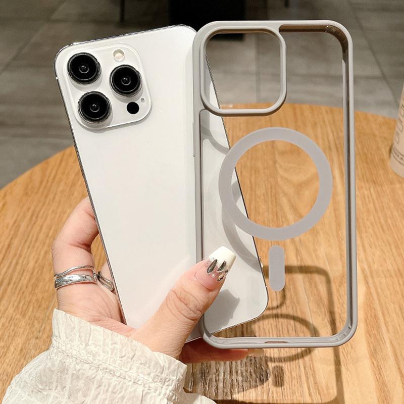 Colored Acrylic + TPU 2in1 Magnetic Wireless Charging Transparent Clear Case Hard Back Case Compatible for iPhone Samsung