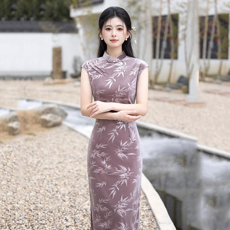 Purple elastic velvet national style new Chinese long improved cheongsam new women s retro banquet dress summer S