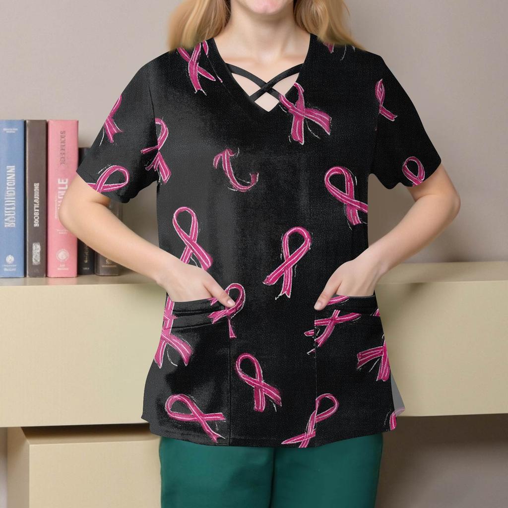 Women's Fashion  V-Neck Short Sleeve Overalls Double Layer Pocket Printed Tops  Apparel