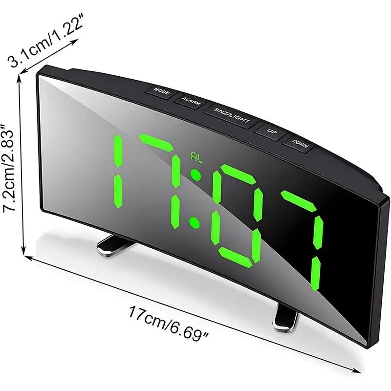 Creative Curved Electronic Clock LED Large Screen Mirror Alarm Clock Students Silent Multifunctional Desktop Clock Ornament