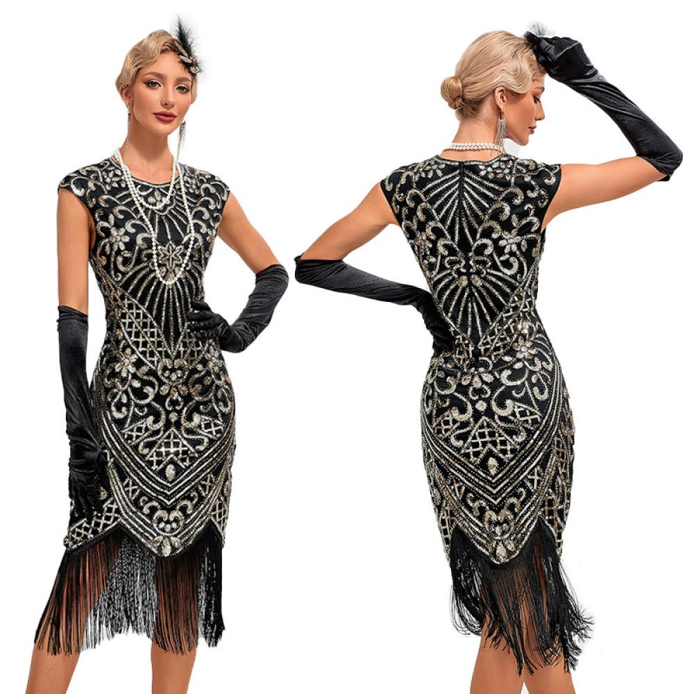 1920S Retro Ball Embroidered Fringed Dress Cocktail Party Large Size Sequined Beaded Mesh Dress