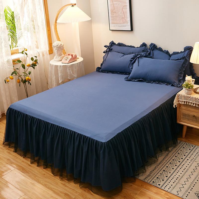 Wholesale Brushed Washed Cotton Bed Skirt Modern Simple Dust Ruffle with 3D Mesh Lace Pleated Edge Non-Slip Mattress Protector Cover Machine Washable