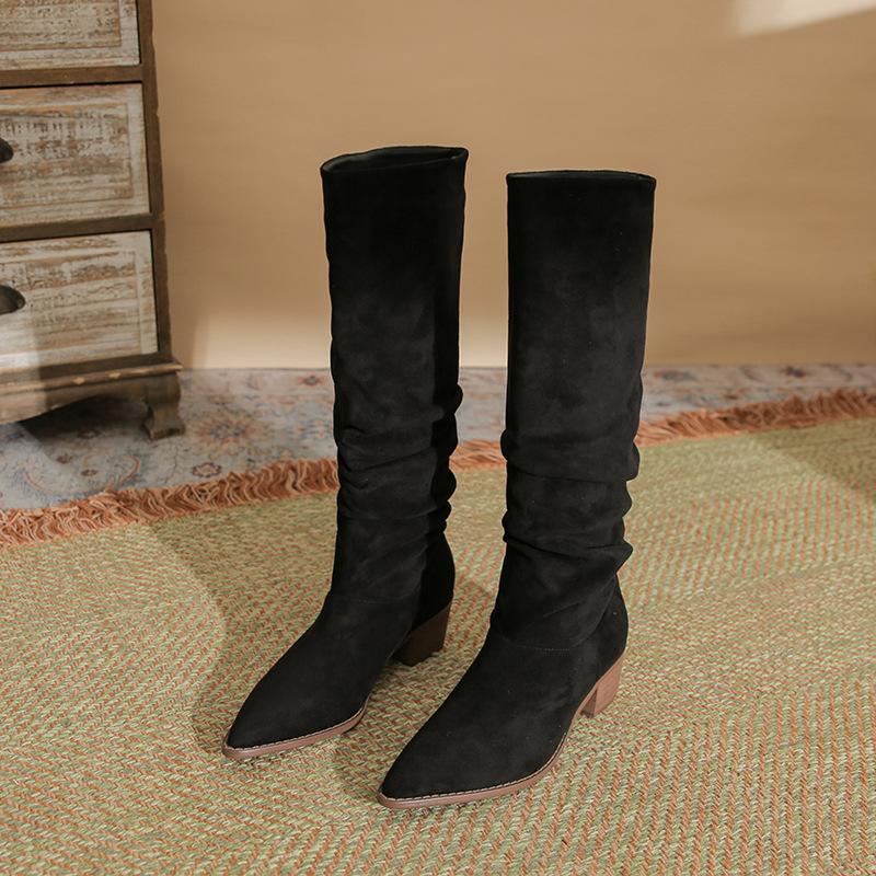 

H539-2 retro versatile classic boots women s autumn and winter new suede pleated fashion boots pointed thick heel boots 35