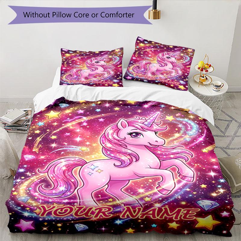 3pcs Custom Name Unicorn Dreams Space Bedding Set Printed Bedding Set Duvet Cover Closure Includes 1 Duvet Cover & 2 Pillowcases Bedroom Decor