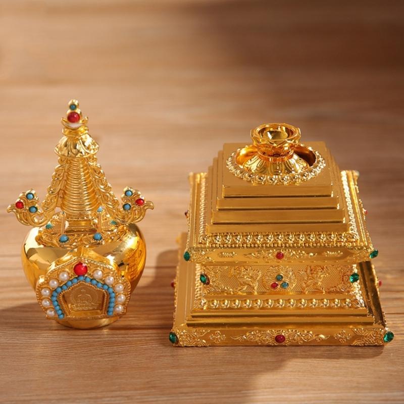 Tibetan Pearls Stupa Metal Buddhas Pagoda Statue Meditations Desk Decorative Ornament for Home and Office Spirituality