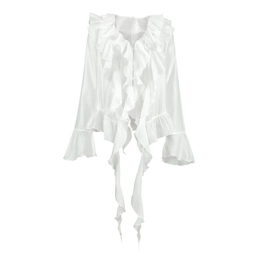 French classic retro white Tencel perspective versatile temperament V-neck horn sleeve commuter ruffle edge shirt women
