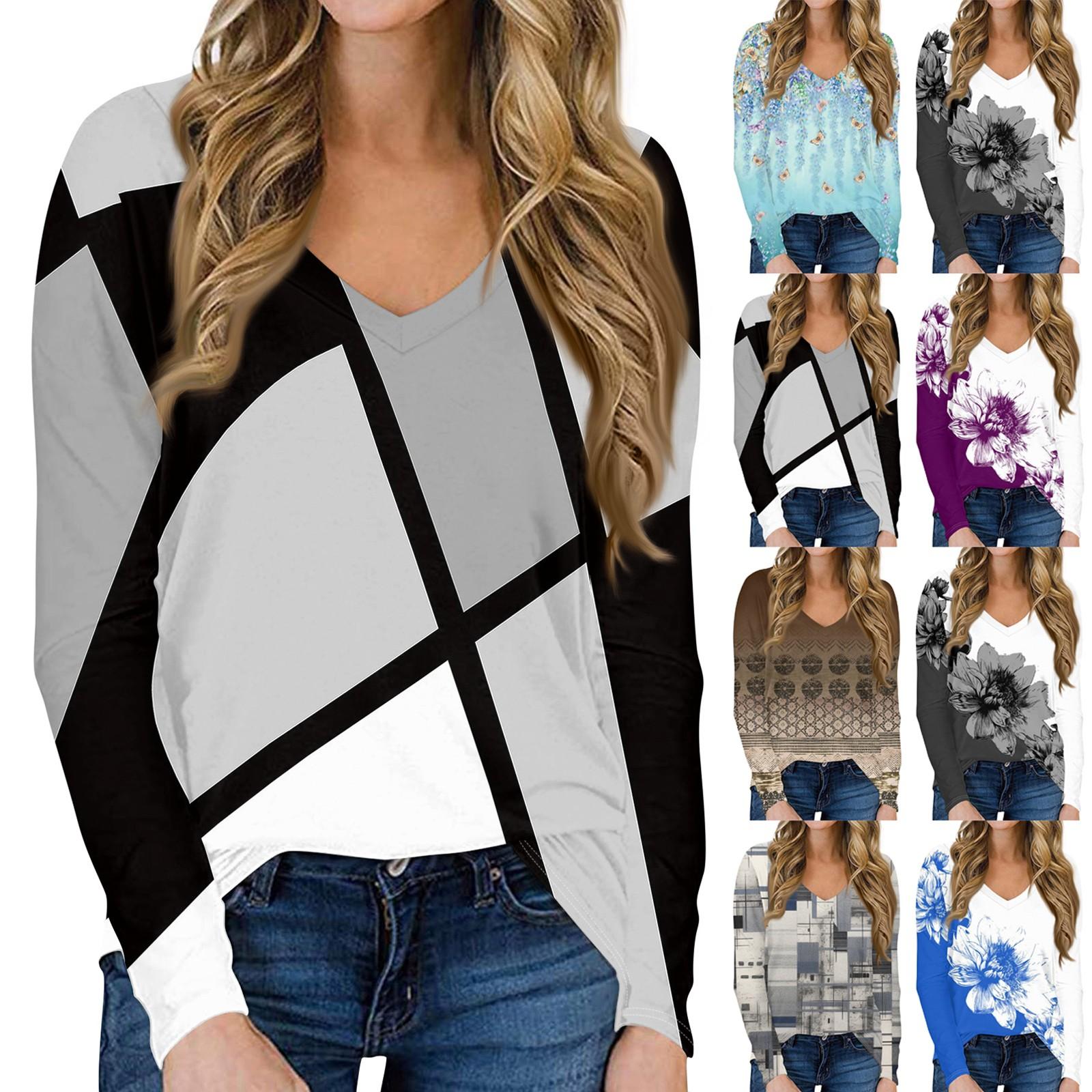

Женская повседневная футболка с длинными рукавами и V-образным вырезом, топ, пуловер