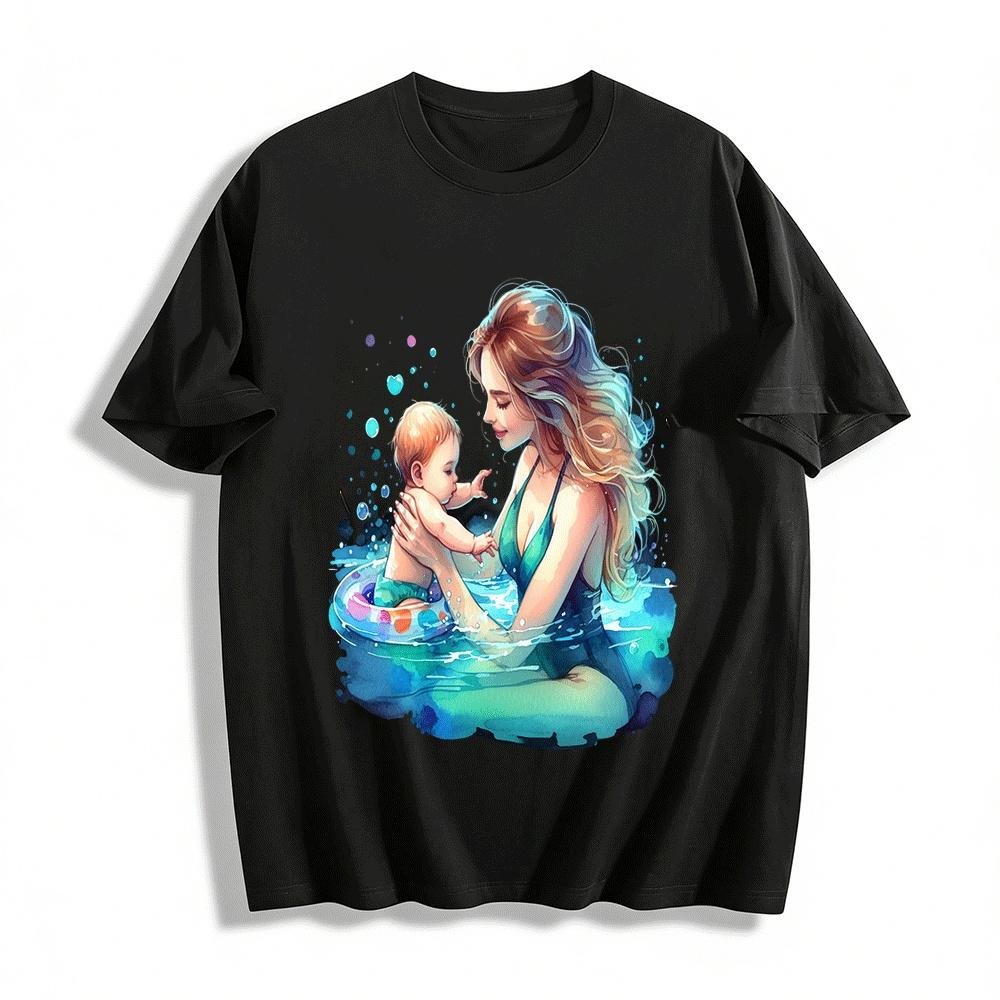 Warm Parent-child Water Play Printed Adult Top Pure cotton T-shirt XXS
