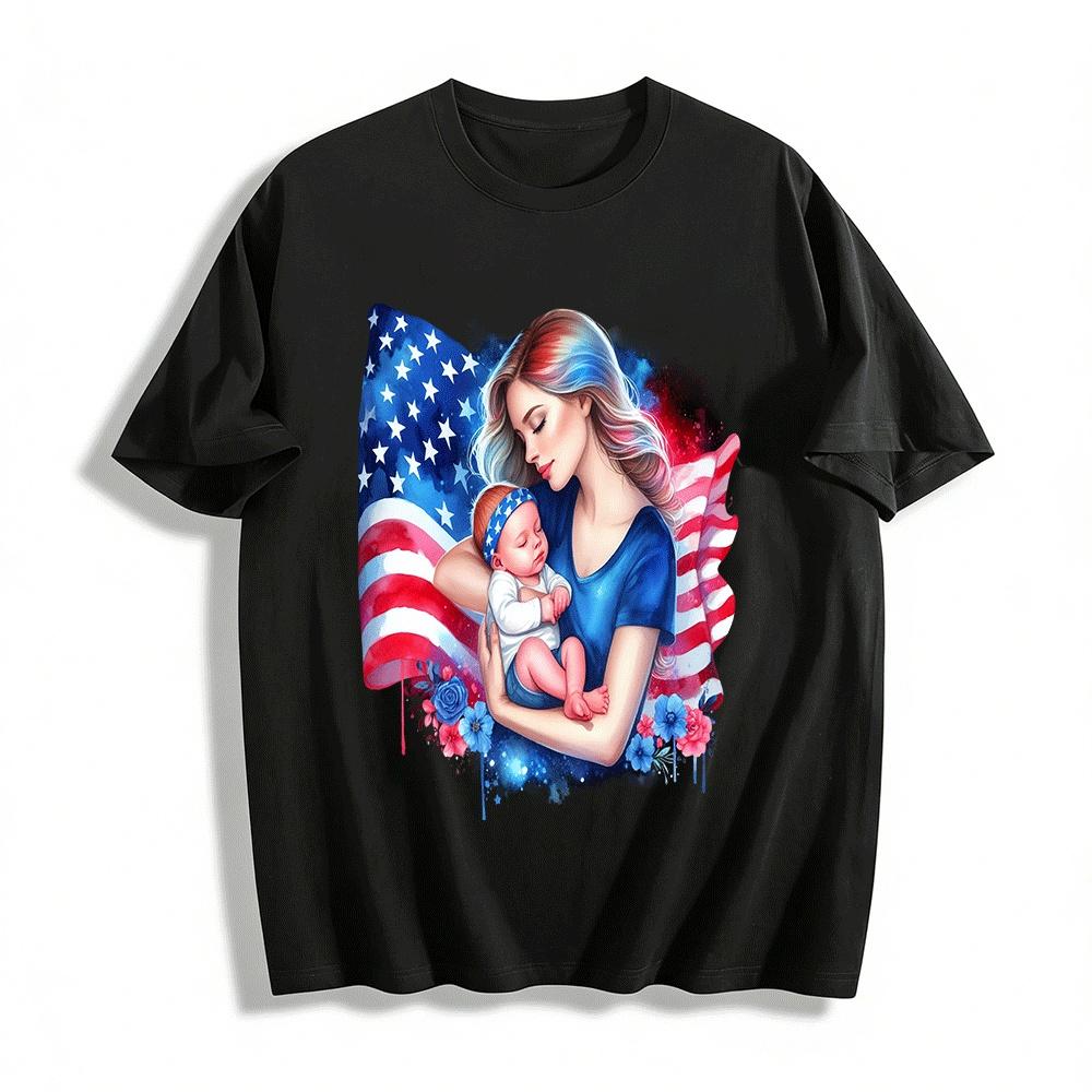 Patriotic Mom And Baby USA Flag Graphic Tee Shirt Pure cotton T-shirt XXS