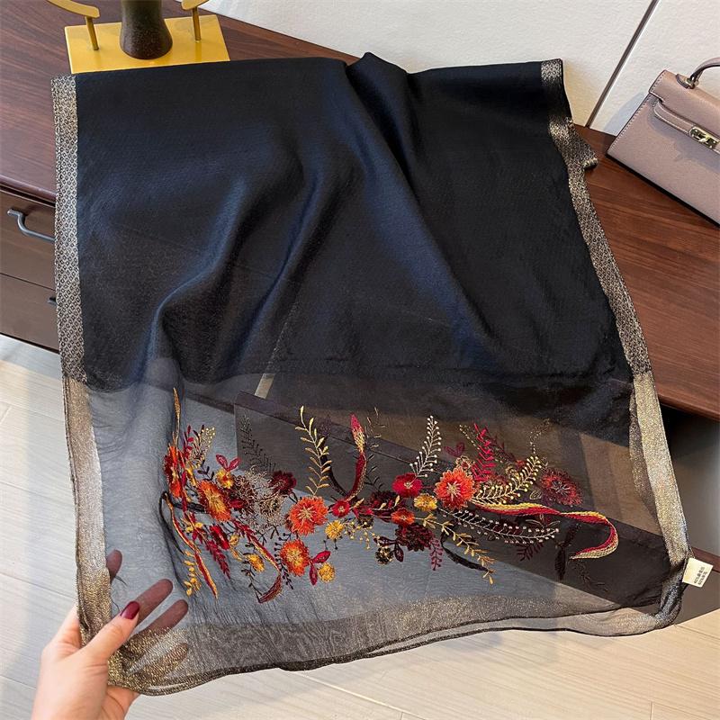 Elegant Long Embroidered Silk Feeling Scarf Women'S Fashion Spring New Style Shawl Wrap Outerwear Trendy Floral Pattern Stylish