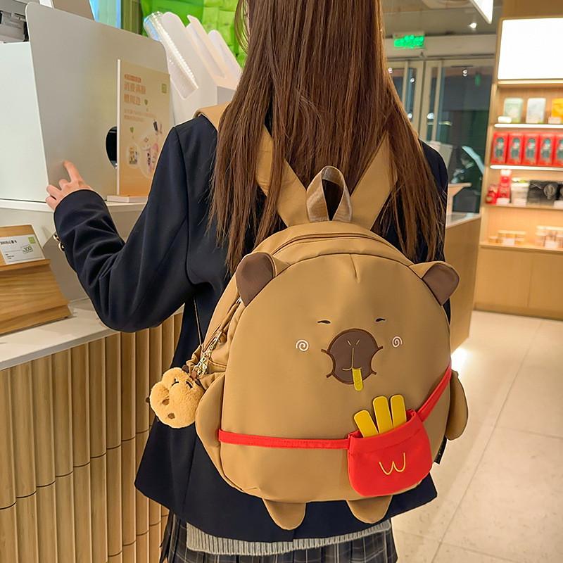 Cute Cartoon French Fries Capybaradesign Children Backpack With Plush Pendant For Casual Travel And School Use