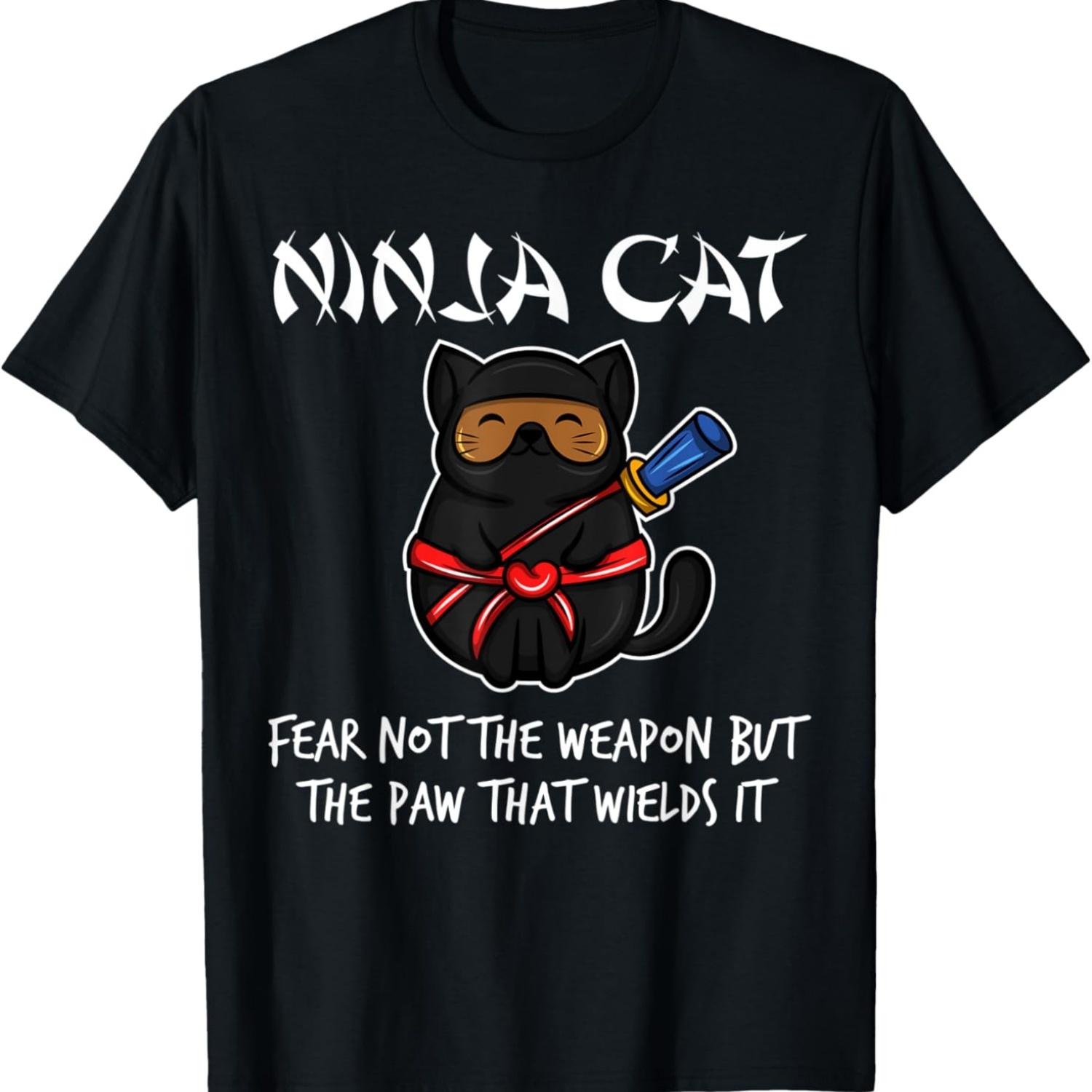 Japanese Anime Kawaii Ninja Cat Meme T-Shirt for Men Women S чёрный