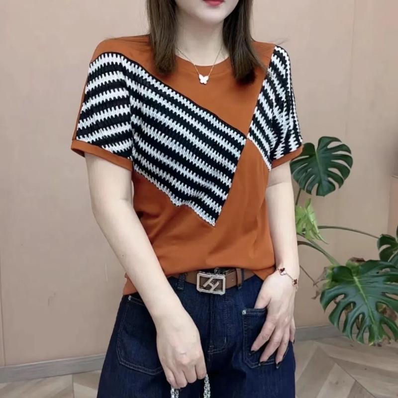 Cotton Patchwork Striped T-shirt for Summer Fashion Stylish Short Sleeved Round Neck Top for Women