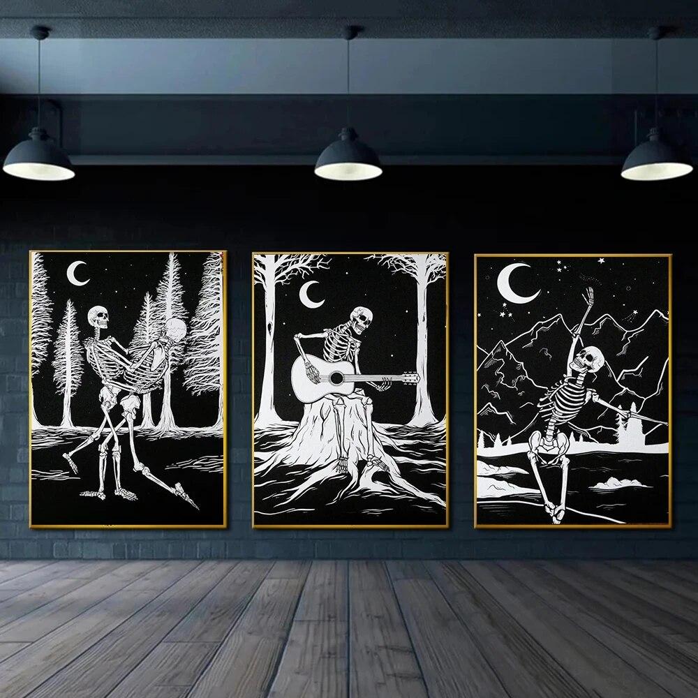 Black White Gothic Skeleton Canvas Painting Wall Art Dark Academia Art Abstract Skull Poster Prints For Living Room Home Decor No Frame