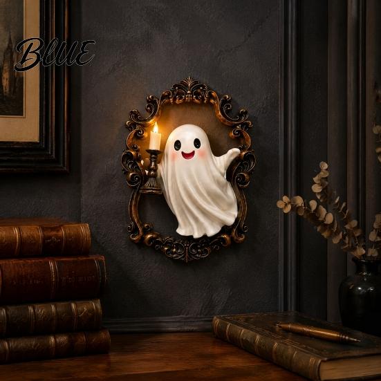 Retro Wall Lamp Halloween Ghost Lamp Gothic Resin 3D Frame Art Led Candle Light Vintage Sculpture with LED for Living Room Home Decor Cute Night