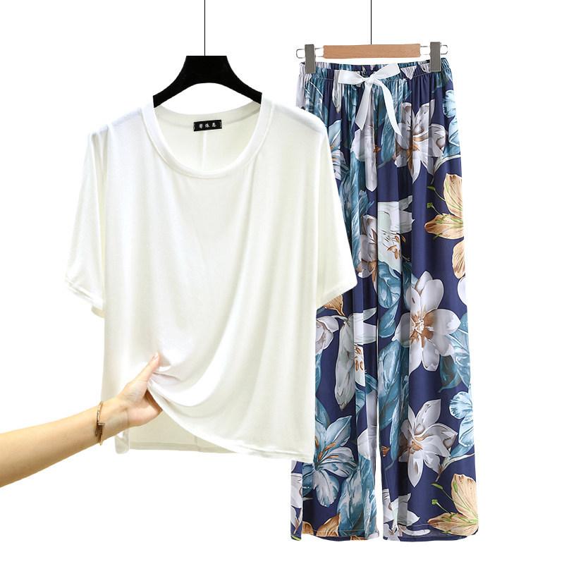 T-shirt girocollo in modal con pantaloni a gamba larga floreali in popeline Set pigiama estivo sottile Tuta casual larga per dormire Loungewear comodo tutto da abbinare