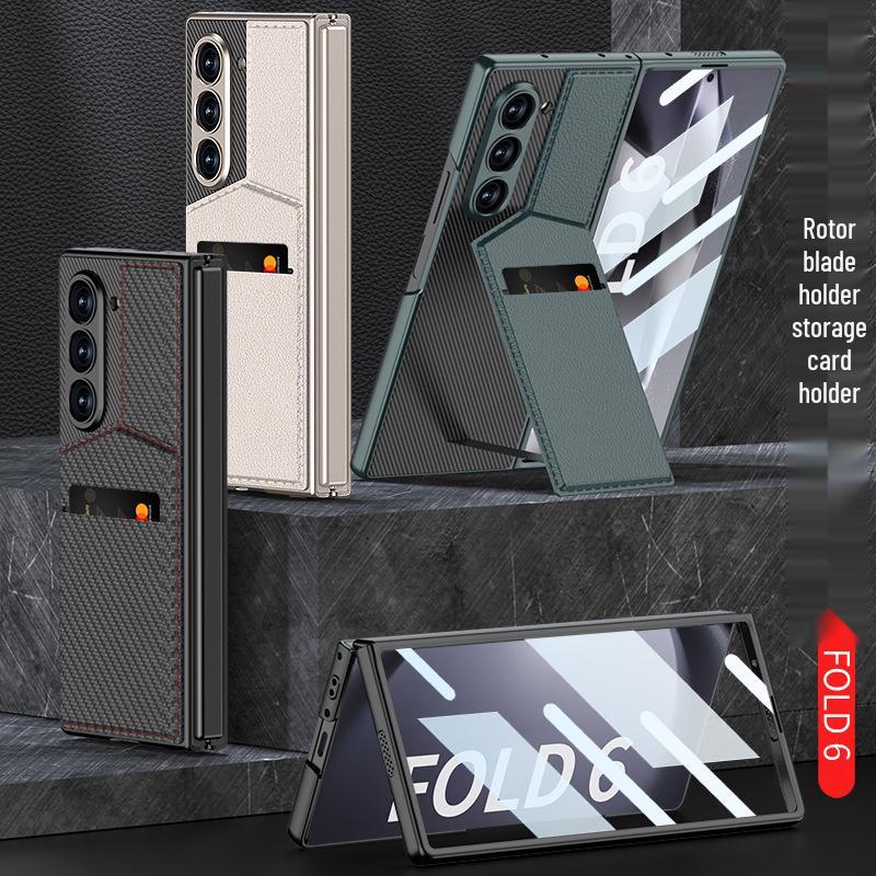 Samsung Z Fold 6 Card Holder Stand Case - Premium Leather with Film Integrated Protection