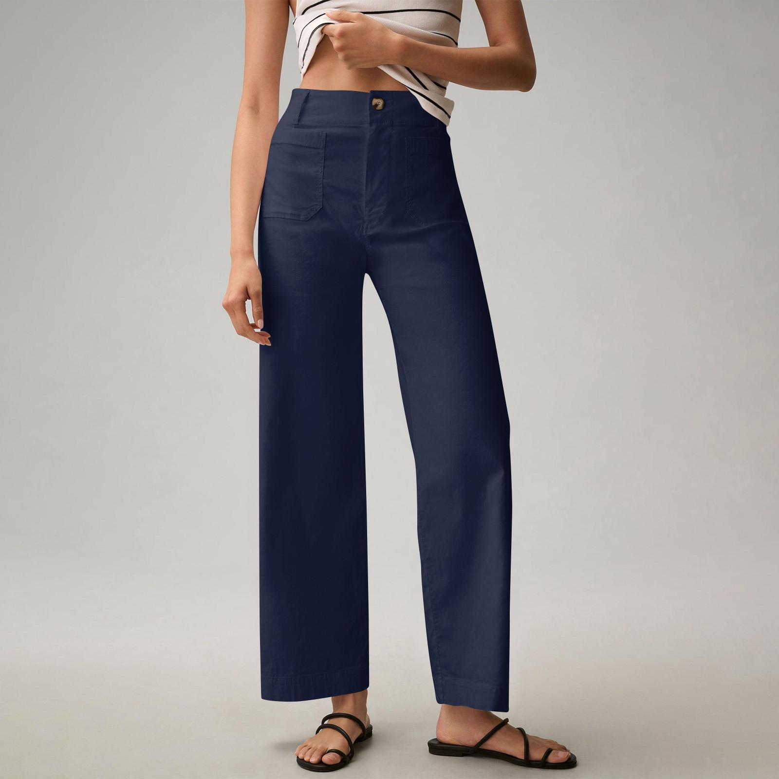 

Women s Color Casual Wide Leg Straight Nine-point Pants With Pockets XXL