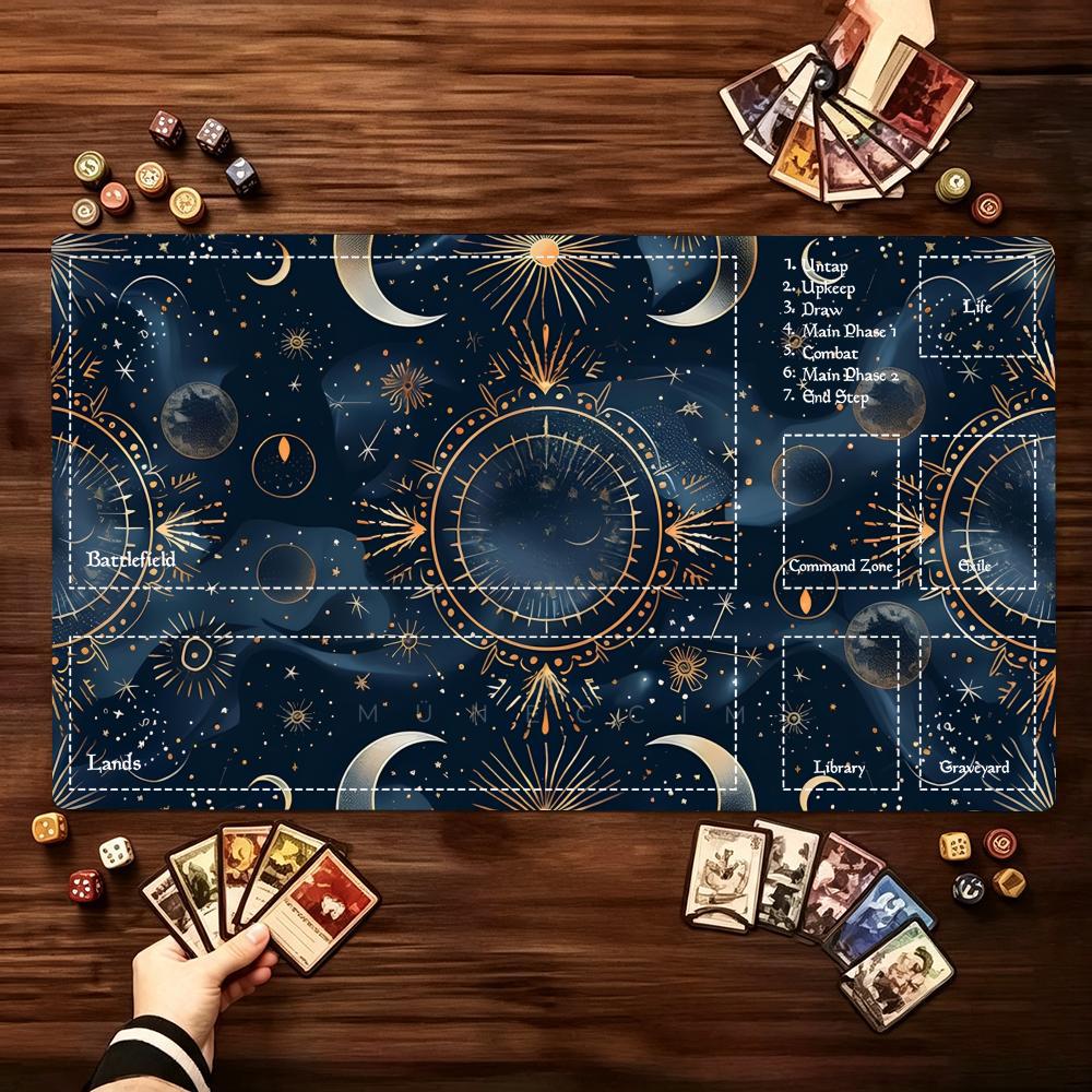 Vintage Celestial Cosmic Extended Game Playmat NonSlip Table Surface Sun Moon Star Layout Card Game Pad For Tabletop Game Play