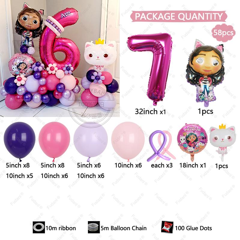 58pcs Cute Gabby Dollhouse Cats Theme Balloon Children's Birthday Party Decoration Latex Foil Ball Girl Gabby's Doll Balloon Toy