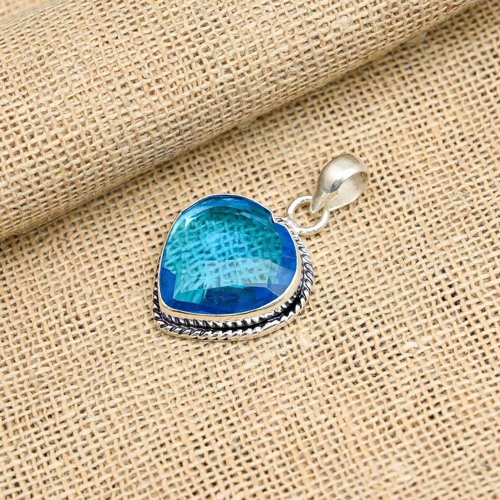 Blue Topaz Natural Gemstone Jewelry Handmade Pendant 925 Solid Sterling Silver For Wedding Gift