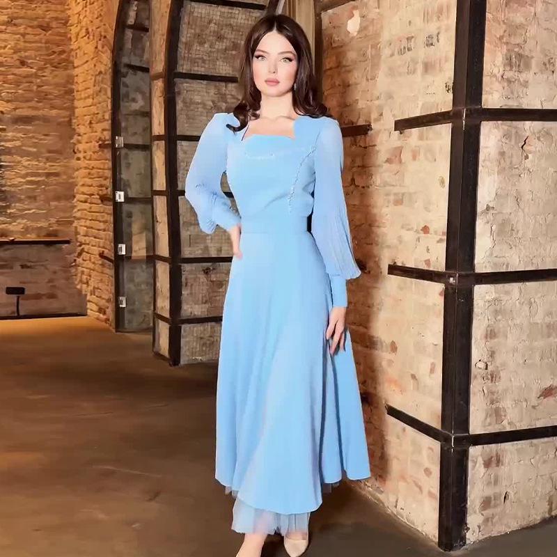 

Элегантное платье в европейском и американском стиле, осень 2024: Квадратный вырез, Сетчатая вставка, Французский стиль чаепития XXXL небесно-голубой