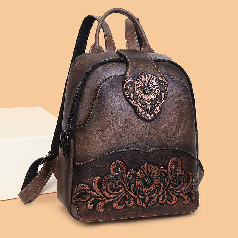 Western Tooled PU Leather Backpack for Women, Vintage Embossed Floral Backpack, Casual Travel Daypack Purse