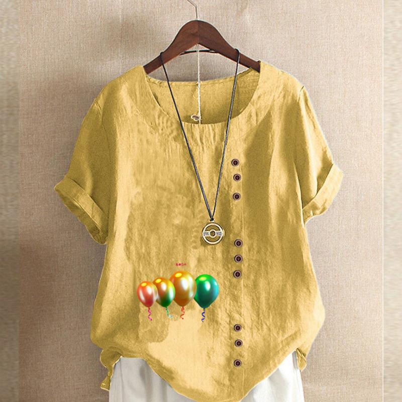 Women's Fashion Round Neck Short Sleeve T-shirt Casual Cotton Linen Graphic Shirt Leisure Loose Balloon Prined Summer Blouse Tops
