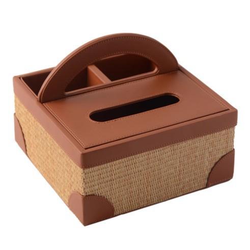 French Retro Style Woven Leather Tissue Box, Natural Seagrass & Wood Home Decor, Living Room Bedside Tabletop Napkin Holder