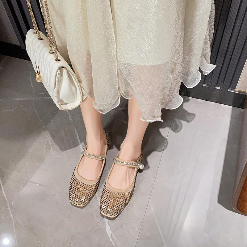 Modna Marka Siateczka Crystal zdobione płaskie buty damskie brokatowe baleriny kwadratowy nosek perłowe nity koronkowe buty mary jane duży rozmiar 43