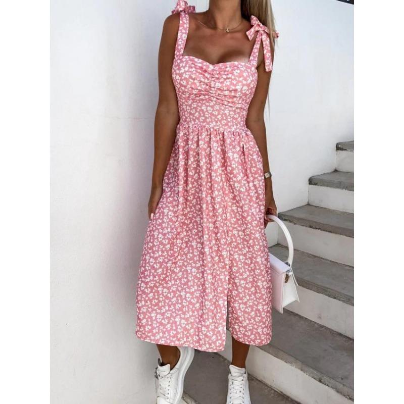 

Fashion Elegant Sleeveless Sexy Floral Print Dress Low-cut V Neck Strap Split A-line Suspender Dress Loose Slim Casual Sling Holiday Dresses Clothing XL рожевий