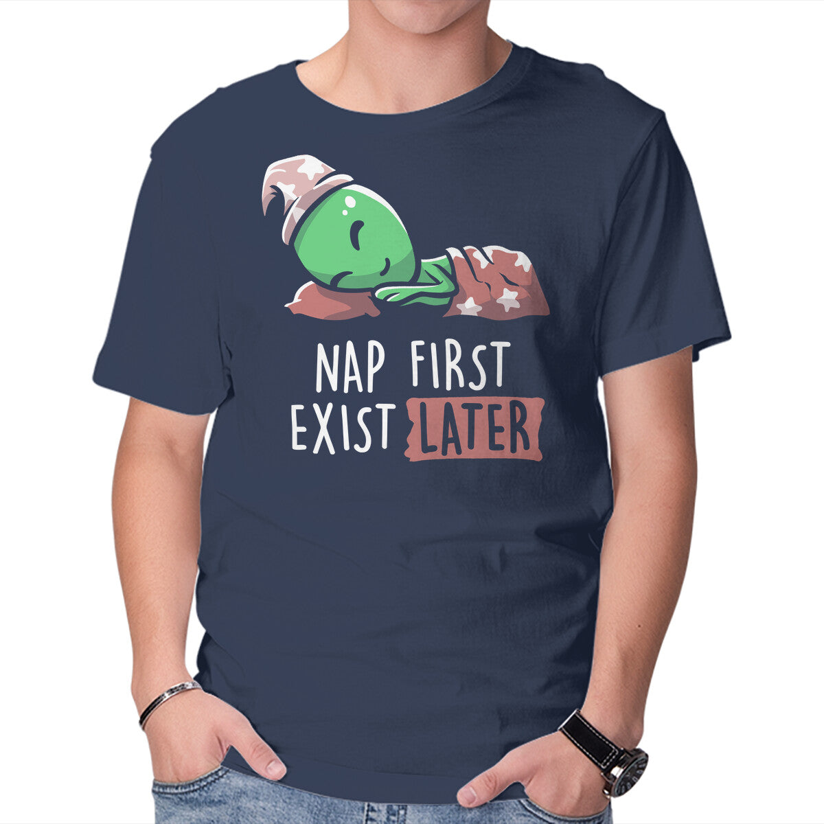 Unisex Crew Neck T-Shirt Nap First Exist Later Graphic Short Sleeve Casual Tee L