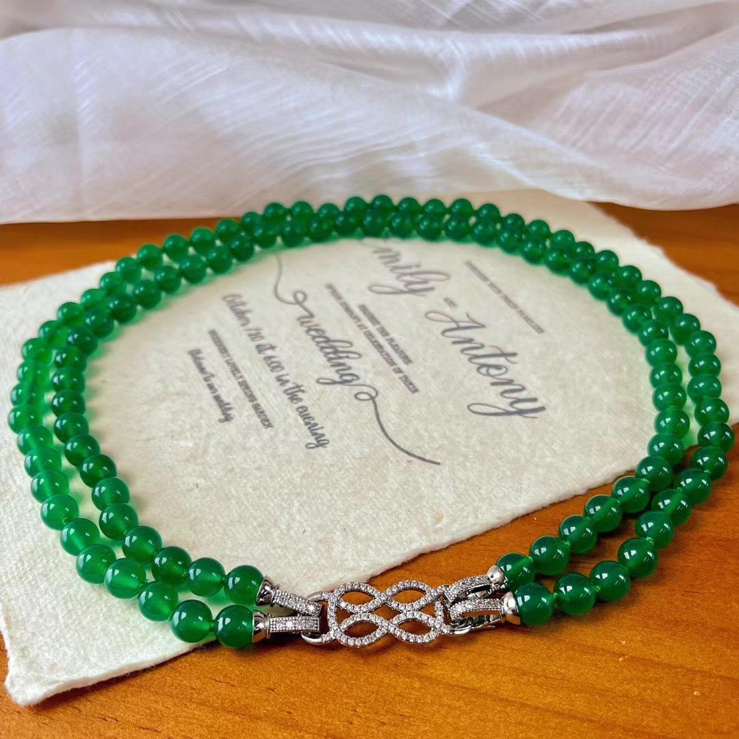 Vintage High-Quality Imperial Green Vitreous Body Natural Green Chalcedony Double-Layer Multi-Wearing Sweater Chain Necklace