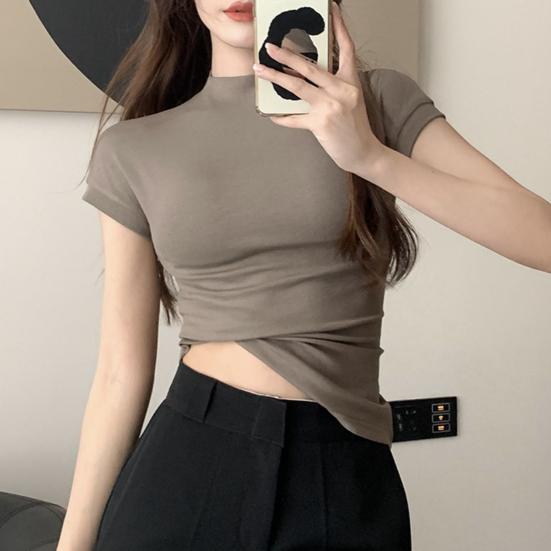 Dámské topy Polovysoký límec Krátký rukáv Přiléhavé tričko Jednobarevné