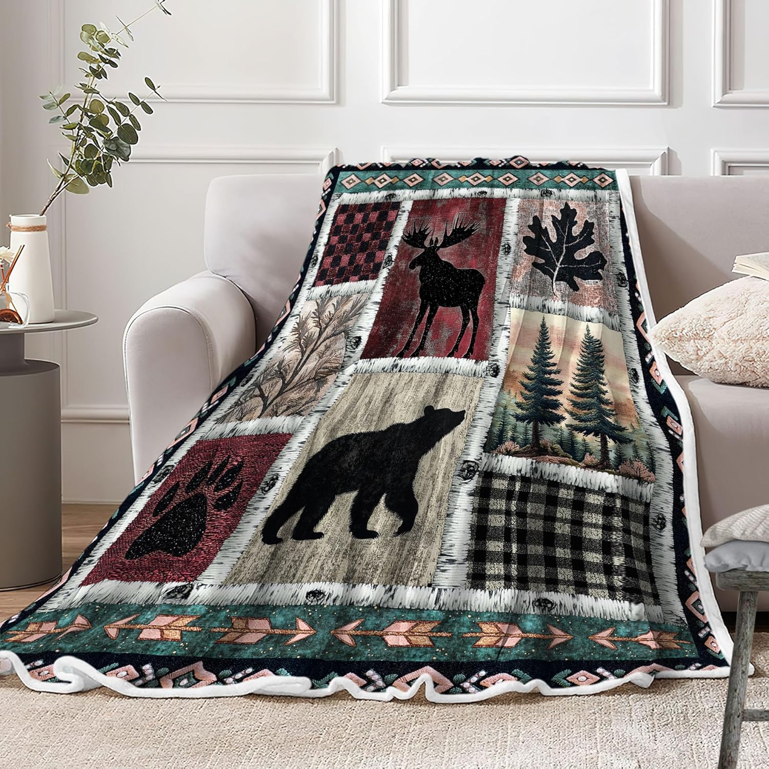 Textilien Unisex Coral Cabin Throw Blanket, Geometric Lodge Woodland Moose Bear Patchwork Throw Blankets, Rustic Country Antique Deer Multipurpose Soft