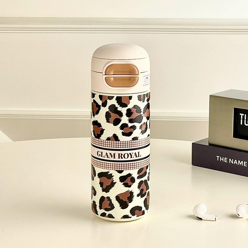Fashion Leopard Print Double Drink Thermos Cup Girls Trend New Water Cup Portable Portable Stainless Steel Straw Cup Gifts