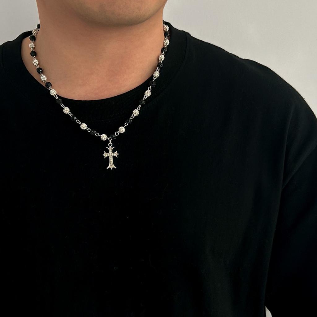 High-end Diamond-encrusted Cross Necklace Men's Hip-hop Niche Men's Diamond Ball Splicing Collarbone Chain Jewelry