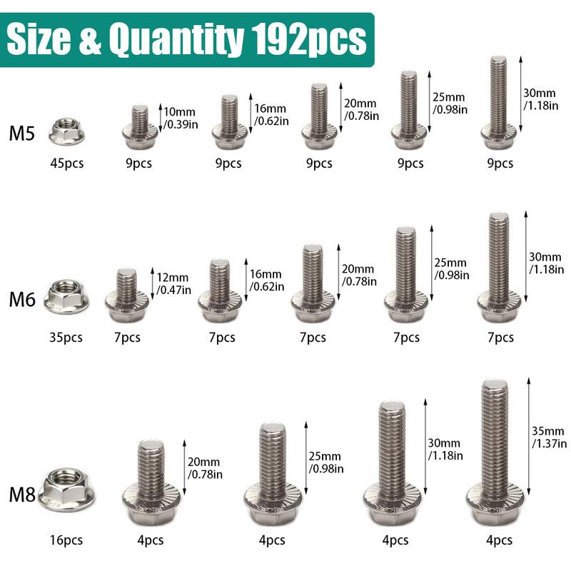 192 pcs 304 stainless steel hexagonal flange bolt and nut set, sizes M5/M6/M8, lengths: 10mm,12mm,16mm,20mm,25mm,30mm,35mm