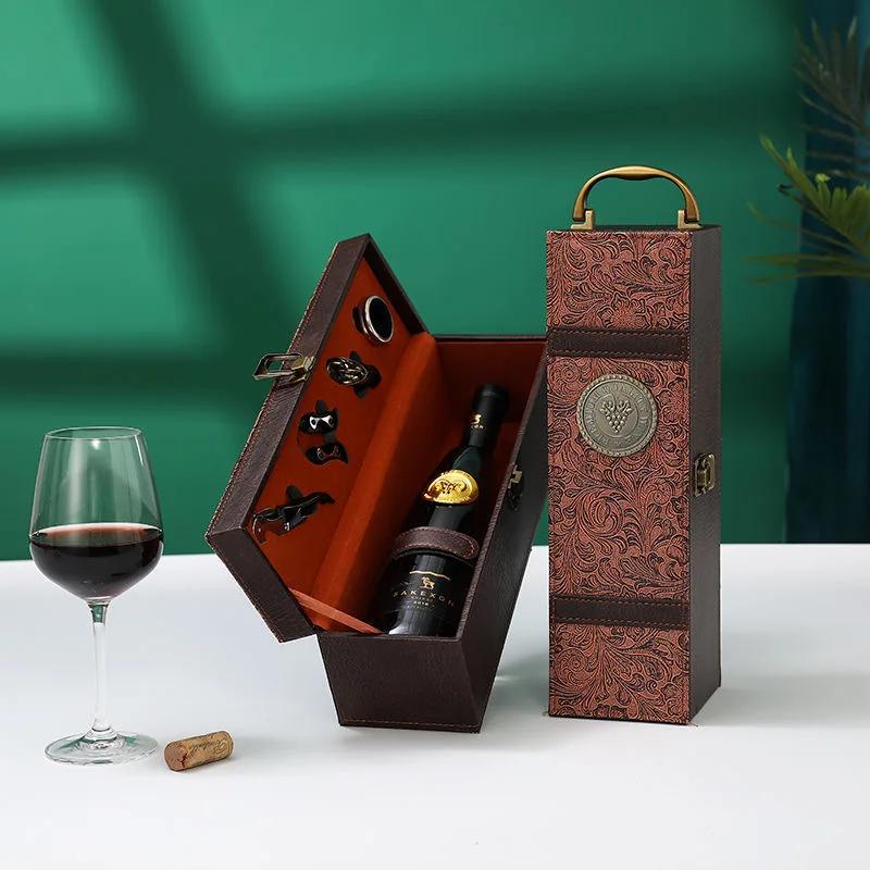 Classic PU Leather Single Red Wine Holder Luxury Ring Paper Cutter Seahorse Knife Pourer Wooden Packing Box Gift