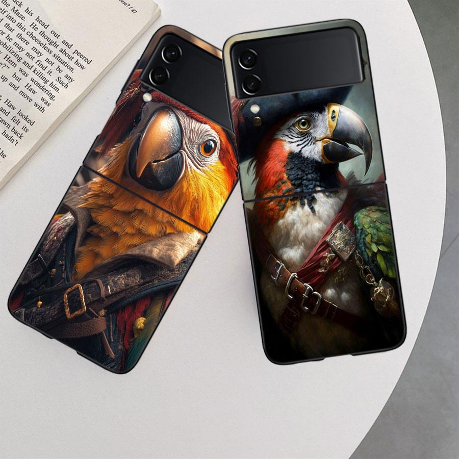Macaw Pirate Phone Case For Samsung Z Flip 7 6 5G Galaxy Z Flip 5 4 3 Black Hard Cell Cover Luxury PC Shell Coque
